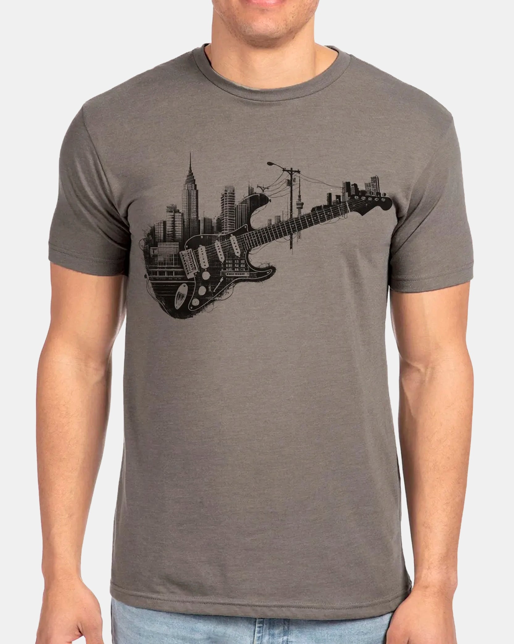 Mens Electric Guitar Cityscape Tshirt 1