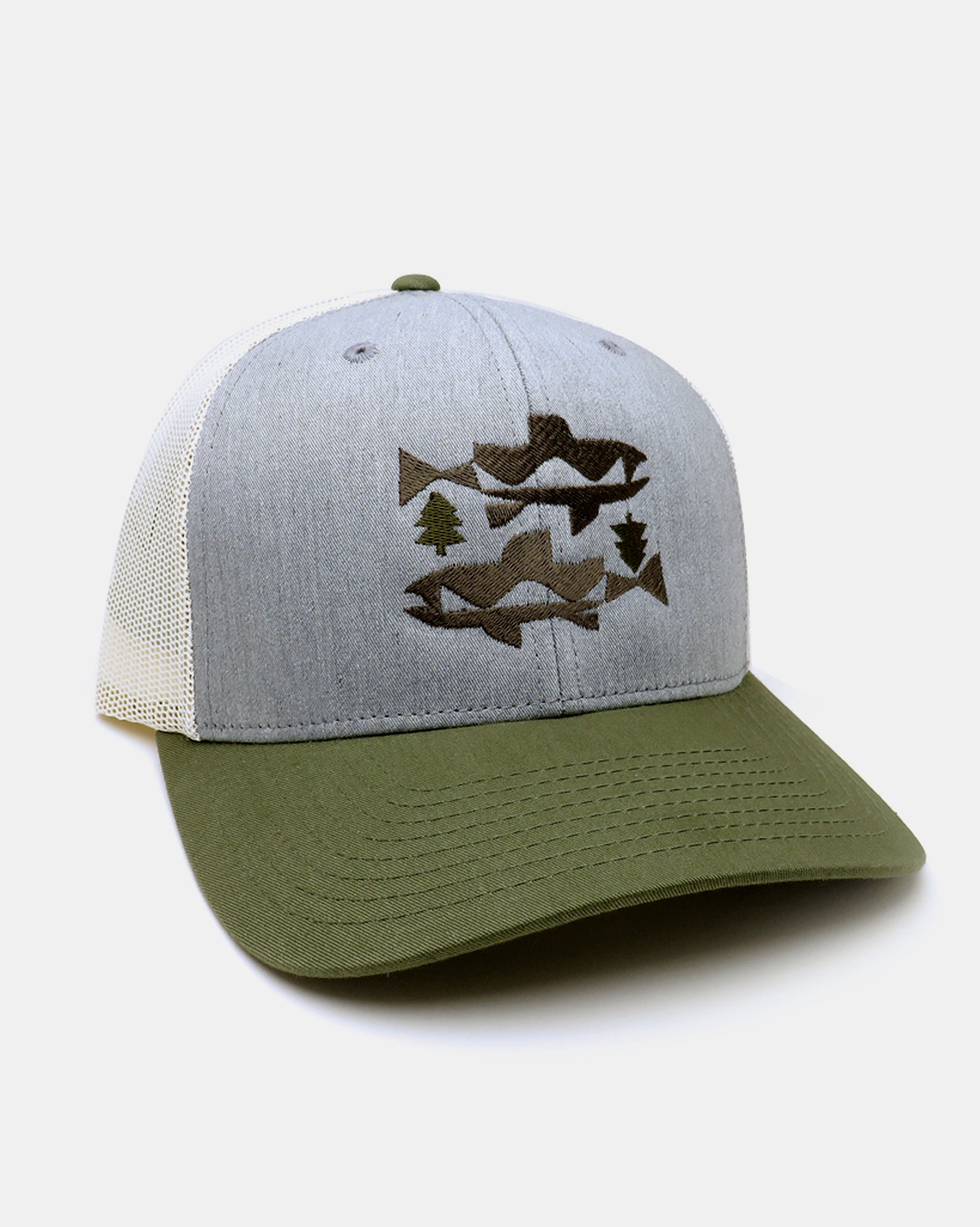 Mens Trout and Trees Tri Tone Trucker Hat 1